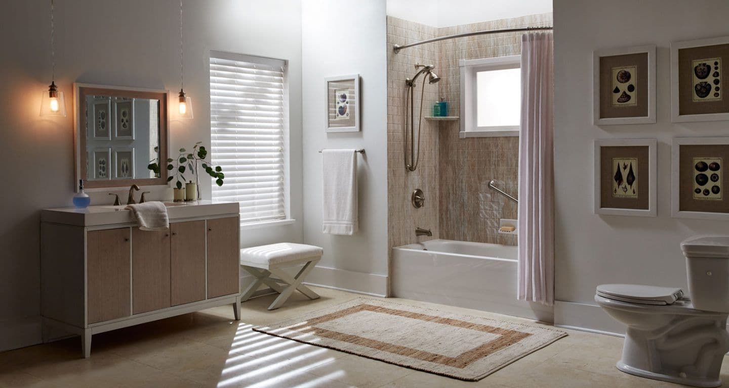 A BathWraps Straight Seaside Subway tile shower and tub with a Window.